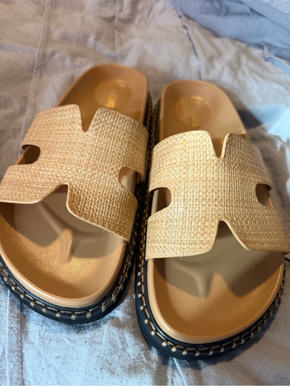 Women’s Beige Straw-Texture Slide Sandals